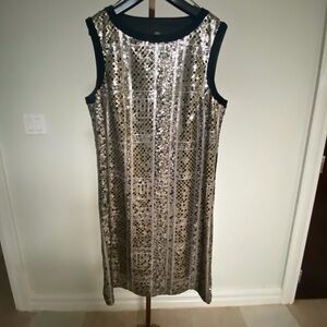 Basler Gold Sequin Sleeveless Shift Dress with Black velvet Trim